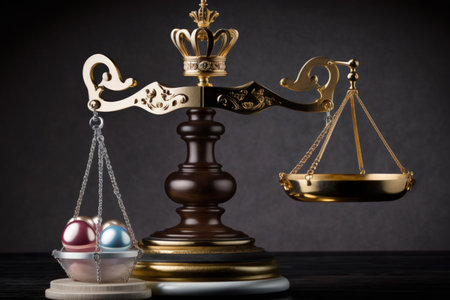 Diamond Crown of Miss Beauty Queen Pageant Contest and Scale Justice Balance gavel with stack coin money investment. Concept of Fairness and unfair in Pageant Contest Business copy spaceの素材