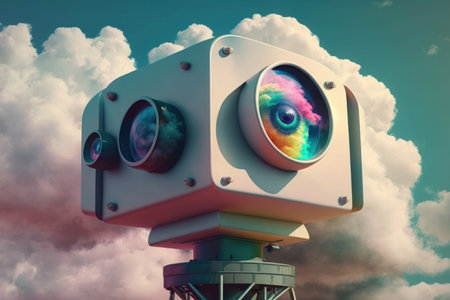 CCTV camera with artificial intelligence technology for web configuration and cloud database connection. Personal identification national security system. Concept of safety and protectionの素材