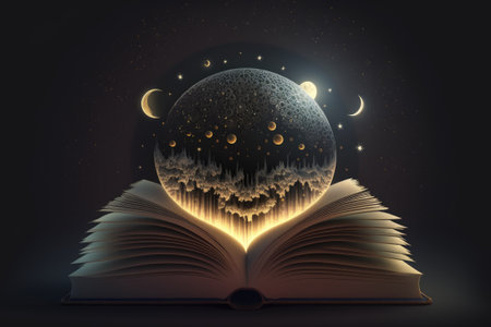 Astrology the zodiac and other occult ideas are represented by a full moon rising over an old book with its pages openの素材