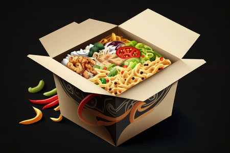 Chinese noodles with chicken and vegetables in a cardboard box on a dark background Asian food delivery concept of street food copy spaceの素材