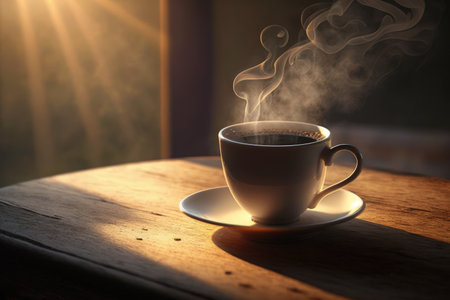 Coffee background with copy space peaceful moment concept top view of a cup of hot coffee with steaming above the cup setting on oak table under morning light near the windowの素材