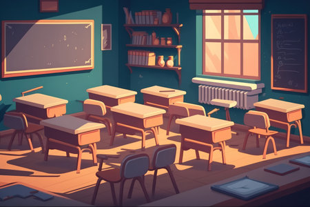 Empty classroom with chairs elementary school desks and chalkboard Interior of a school class room with table and blackboard at high school Education Institution in the daytimeの素材