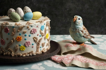 Easter cake on a lace tablecloth with painted eggs all around it and a toy bird perched on the side. Copy space Easter celebrations as a conceptの素材