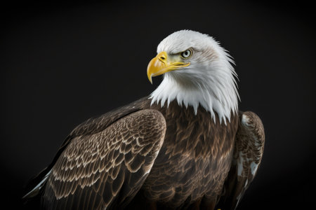 Caption A soaring bald eagle poses for a portrait On a pitch black backdrop a Haliaeetus leucocephalus stands out. Animal life photoの素材