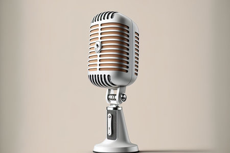 Classic looking microphone with a white backdrop. Realistic looking microphone on a plain backdrop. An accurate icon. Isolated illustrationの素材