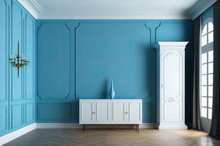 Blue wall with moldings parquet floor and an empty room. only the floor a sideboard and a wall. Interior mockup. Complimentary duplicate room for your furniture artwork and other possessionsの素材