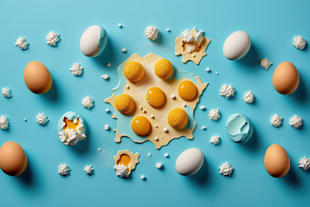 Eggs in a food design with fried and scrambled yolks on a blue background. view from the top. Concept of minimalist food fashionの素材