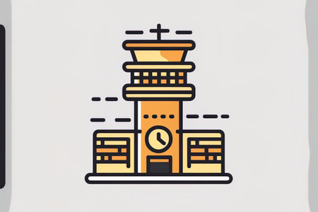 Icon for a building line at an airport. Aircraft on the runway air traffic control tower terminal. Travel and tourism preparation White background with editable stroke illustration design in Eの素材