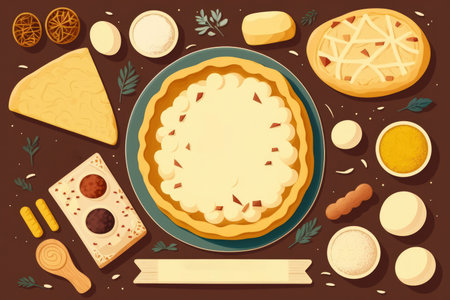 Food flat lay with ingredients for made bread pizza or pies on a kitchen table background. pastry or bakery cookery involving the use of butter milk yeast flour eggs and sugar. Text areaの素材