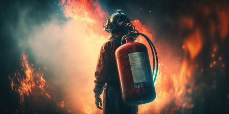 Fireman holding fire extinguisher. available in emergencies conflagration damage background. Safety conceptの素材