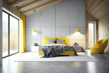 Loft bedroom or luxury hotel room with yellow king-size bed and concrete floor. Nearby is a bathroom. mockupの素材
