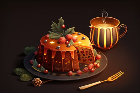 Fruit cake Christmas pudding and a cup of tea. Typical holiday dessert. garland of lights against a dark background. Copy spaceの素材
