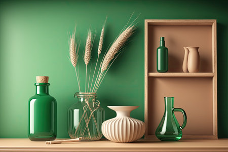 Empty interior design concept wooden desk or shelf closeup. Dry plants straws in ceramic and glass pots. Green background with copy space template mockup illustrationの素材