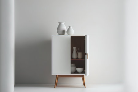 On a white backdrop an isolated living room table corner shows a cupboard. Inspiration for interior design. contemporary furniture inspiration domestic life. Wooden Wardrobe as an example. Nordic intの素材