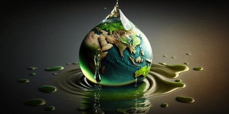 Drop of green earth water. Concept of the world or the earth on a drop of fresh water for Earth Day Environment Day and Water Dayの素材