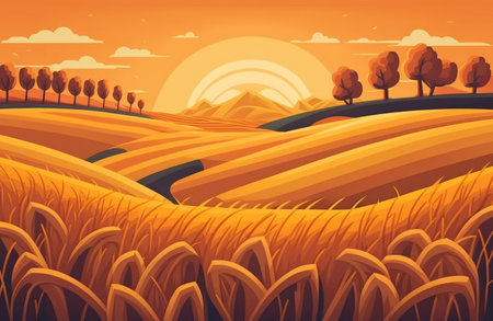 Field Panorama. Wheat field on sunset landscape. Banner of Barley field. Rye rarvesting at farm. Bread grain crops. Wheat and corn field Panorama landscape. Logo for agriculture harvest. Panoramaの素材
