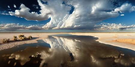 Estuary of a parched desert. The clouds were reflected in the uncommon puddles. The sky has clouds. The horizon is far away and flat. Desert. The sky is nothing but wet sand. Nobodyの素材