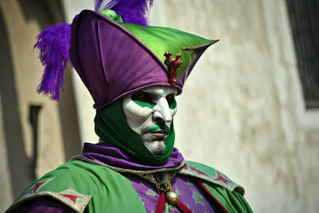 Elegant jester in purple and green photographed on February 17th 2012 in Venice Italy for Carnival. A group of locals and tourists in Venice decided to bring back the ritual in 1979の素材