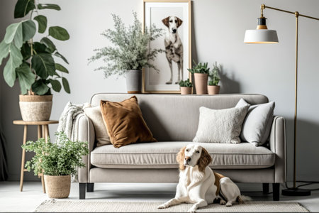 Modern living room with fashionable sofa direct flowers in vase mock up poster carpet dの素材