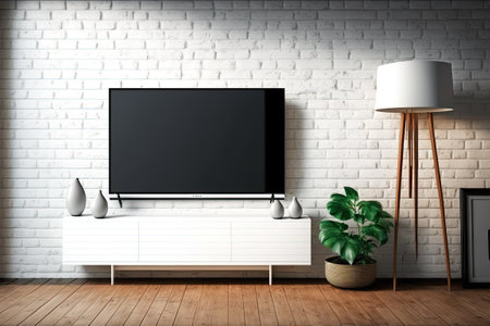 A TV with an empty screen sits in a living room with a white brick wall wooden floor and rug. Demonstrate. mockupの素材