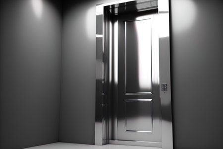 In a hotel or office building authentic stainless steel corridor interior element with a white backdrop broken elevator doors are closed with a ribbonの素材