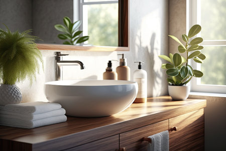 A wooden vanity counter white ceramic sink and modern faucet are in a bathroom with morning sunlight and shadow. Blank product mockupの素材