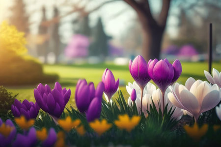 Lovely Soft Focus Wide Angle Nature Spring Landscape. Scene of nature with purple and yellow crocus blossoms in bloom in a city park. Spring panorama web banner or wallpaperの素材