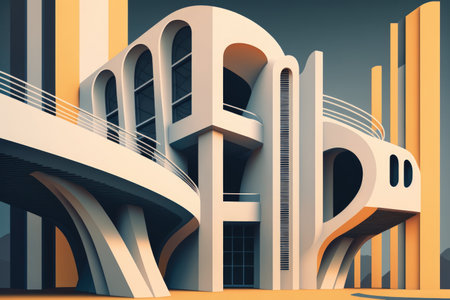 Modern buildings with few details concrete home in the abstract. Building with geometric shapes and modern pillar arches is abstract architecture. Background in geometry for architecture and design ofの素材