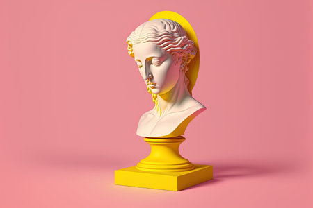 Illustration of a faceless emoticon like classical bust with a yellow pedestal in an abstract notion on a pink backdropの素材