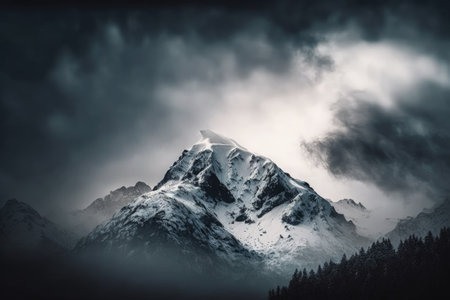 Low lying clouds float above a forested mountaintop covered in snow. A low lead gray sky looms over forested snow capped mountains. Desolate scenery of a huge snow capped mountain peakの素材