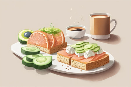 On a white concrete table with two open sandwiches there are slices of salmon cream cheese avocado and cucumber. morning nutritious meal with fish and a beverage side view copy spaceの素材