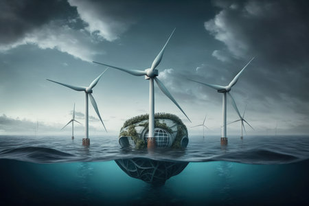 In order to combat climate change and create a greener cleaner world wind turbines are being installed in the oceanの素材
