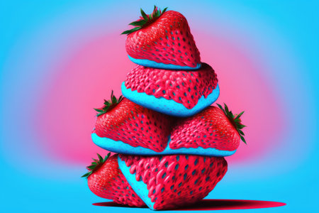 On top of a stack of whole strawberries is a cross section painted in a surreal Pop Art style but the color is shocking pinkの素材