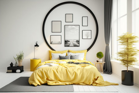 Round black frames on white wall of elegant bedroom interior with king-size bed with yellow and ginger beddingの素材