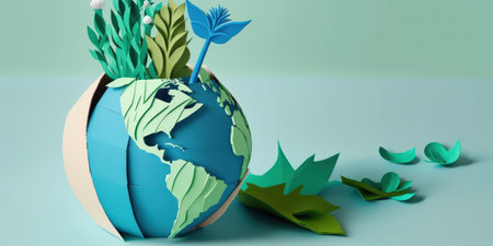 Paper Earth model with collage of new green shoots on a blue background. Creative idea for the green planet. April 22. selective focus text spaceの素材