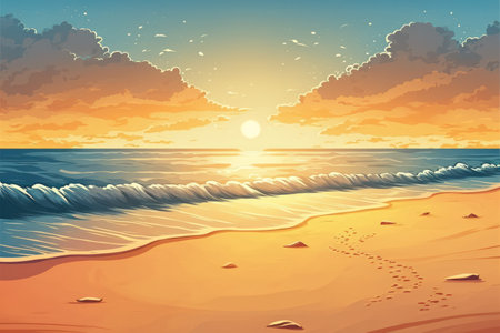 Ocean sea horizon a seascape and a skyscape. Soft sand a sunset sky that is orange and golden serenity peaceful sunlight and a summertime mood. Beautiful natural scenery with a vast horizon of skyの素材