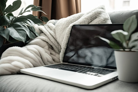 Mockup of a laptop with a blank screen glasses a fluffy blanket on a sofa with a window a eucalyptus plant and other accessories. morning office time at home. cozy setting for studying. Home office designの素材