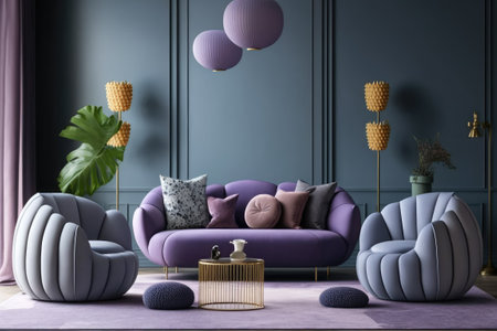 sofas in the living room are two. really on-trend hue for 2022. Background of vacant gray-purple walls. contemporary interior decorの素材