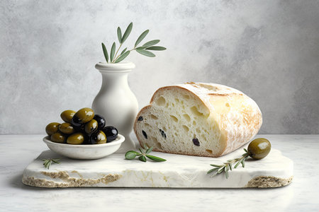 Olives and ciabatta bread with a rustic flavor served on a marble table. Artisanal ciabatta bread prepared just before servingの素材