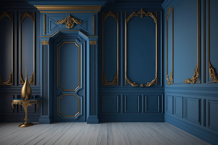 Modern classic blue empty interior with wall panels and wooden floor with gold-plated decorative plaster laths. mockupの素材