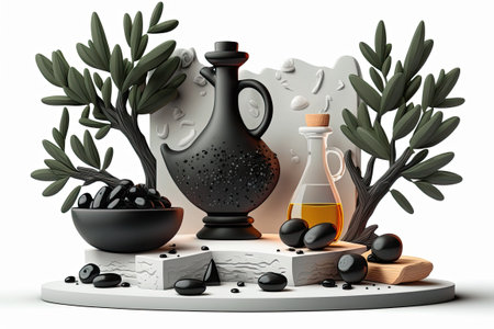 On the table a mortar a sack of olives and a ceramic glass are used to make olive oil which is then used for beauty and cooking purposes. See the scene from the frontの素材