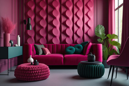 2023 trending viva magenta living room. Colorful wall accent paint. Burgundy maroon and crimson room interiors. Luxury dark gray furnitureの素材