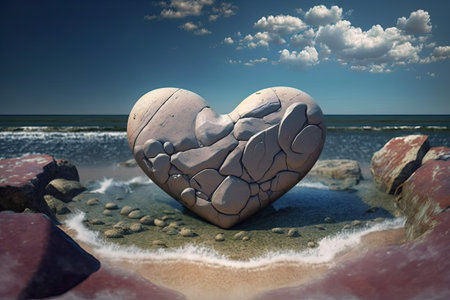 Natural heart shaped stone by the sea surrounded by gentle waves and a clear blue sky. Days of Romantic Love Heartbreak and Summer Vacation Travelersの素材