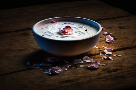 On a dark wooden table is a glass bowl of milk or milk cream with a sprinkling of rose petals on top describing itself as the best and most economical home face mask you can make. Taking aim from aboの素材