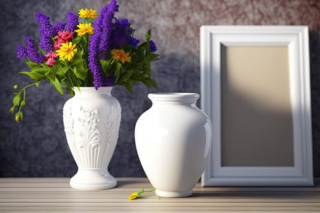 White vase with flowers interior decorating close to wall colorful green purple violet yellow background attractive lovely big table wood antique rustic ornament house insideの素材