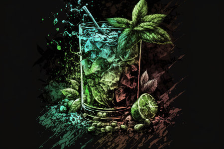 Sipping a Mojito in the bar. Mojito drink on a dark background. Having a Mojito at a club. Mojito with lots of iceの素材