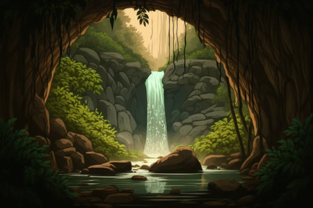 Khao Yai National Park in Thailand has a waterfall in a tropical forest. View of a waterfall from within the caveの素材