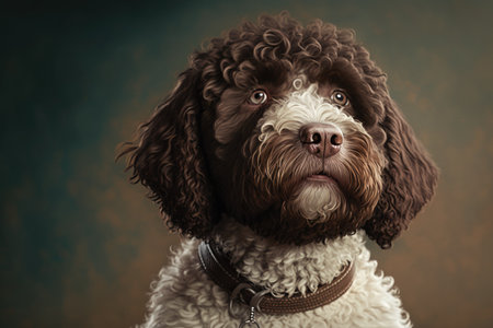 Portrait of a lagotto romagnolo dog. Photographed in a studio. Italian water dog and truffle dog are some names for the puppy dogの素材