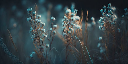 Wild flowering grass flowers in a rural meadow in close up soft focus on a natural background. Beautiful summer scenery with a turquoise tone and copy spaceの素材