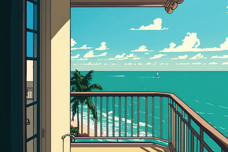 view from a balcony looking out at the water and Miami Beach with a turquoise sea and a blue sky in the distanceの素材